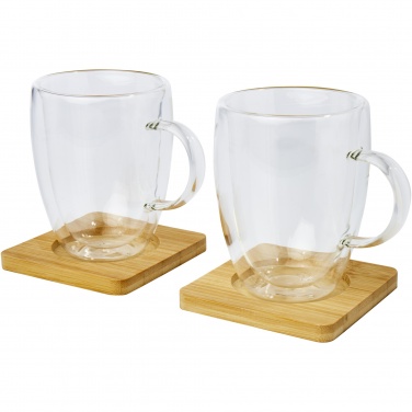 Logo trade advertising product photo of: Manti 2-piece 350 ml double-wall glass cup with bamboo coaster 