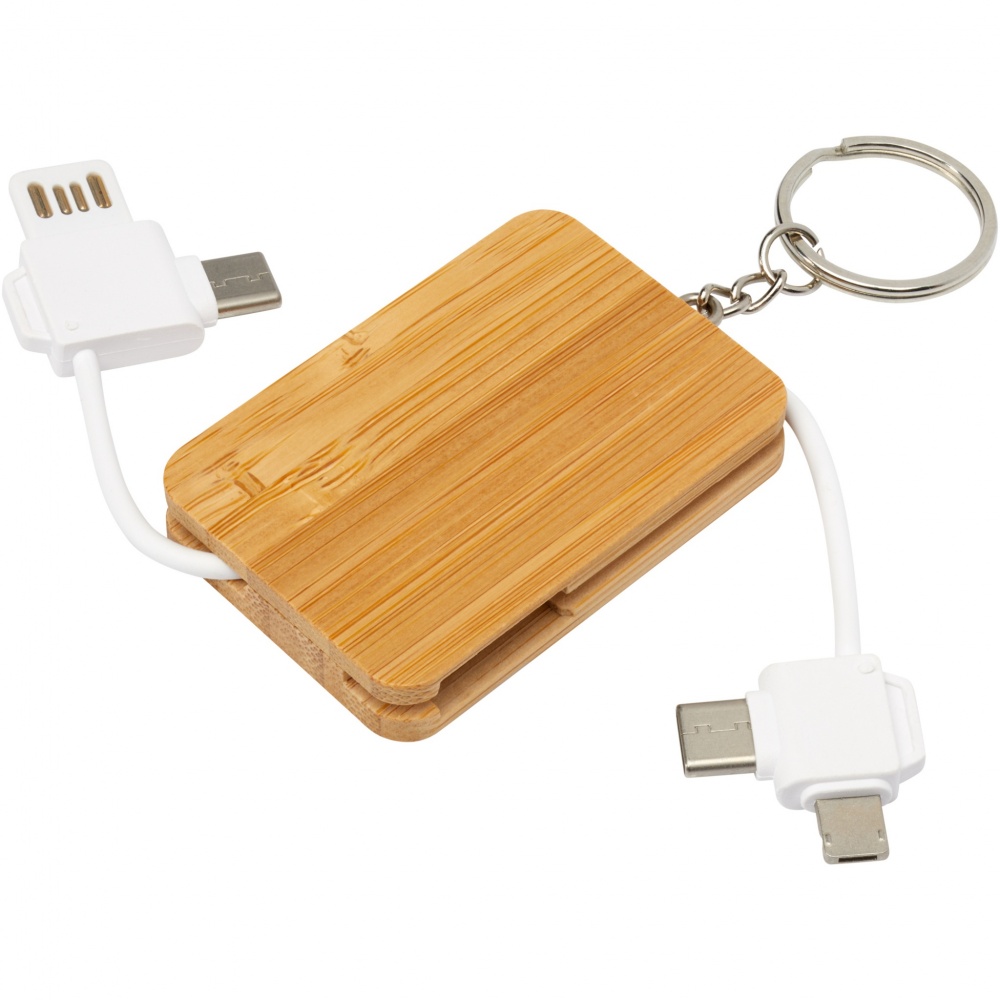 Logotrade advertising products photo of: Reel 6-in-1 retractable bamboo key ring charging cable