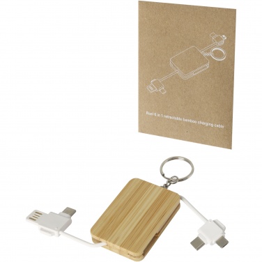 Logo trade promotional merchandise picture of: Reel 6-in-1 retractable bamboo key ring charging cable