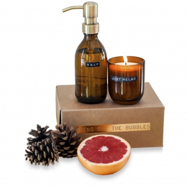 Logo trade promotional giveaways image of: Wellmark Discovery 200 ml hand soap dispenser and 150 g scented candle set - bamboo fragrance