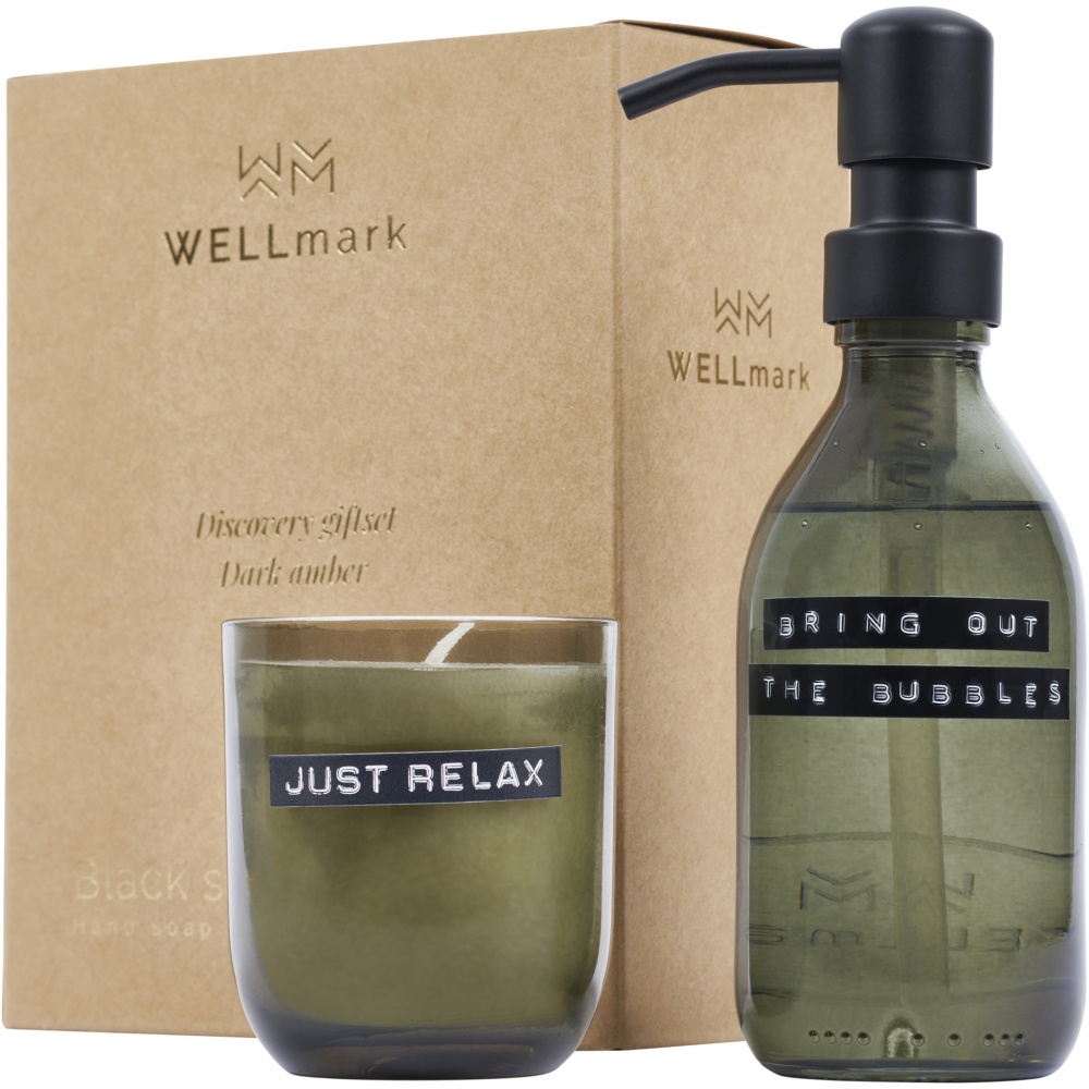Logo trade promotional items picture of: Wellmark Discovery 200 ml hand soap dispenser and 150 g scented candle set - dark amber fragrance