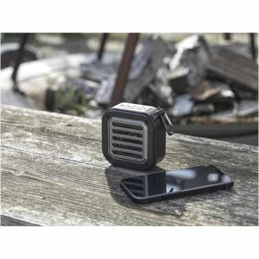 Logo trade promotional product photo of: Solo 3W IPX5 RCS recycled plastic solar Bluetooth® speaker with carabiner 