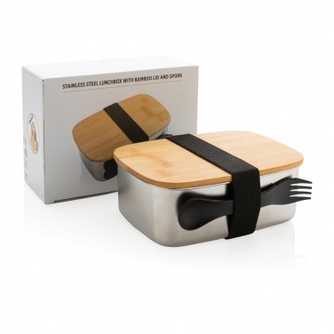 Logo trade advertising product photo of: Stainless steel lunchbox with bamboo lid and spork