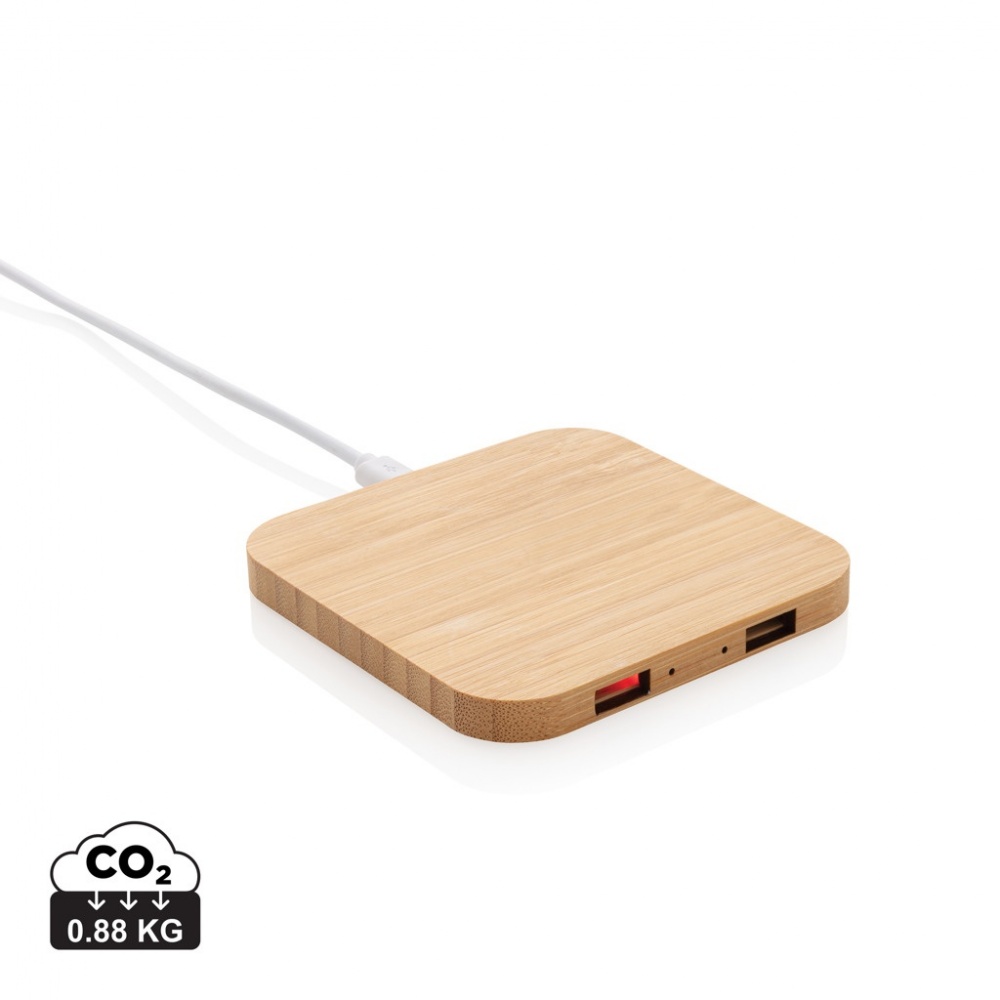 Logo trade business gifts image of: Bamboo 5W wireless charger with USB