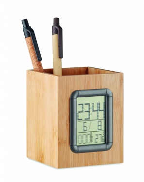 Logo trade promotional product photo of: Bamboo pen holder and LCD clock