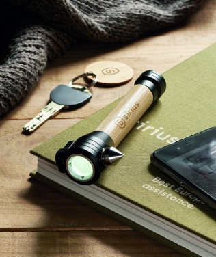 Logo trade business gifts image of: 3-in-1 bamboo flashlight with an emergency hammer and seatbelt cutter