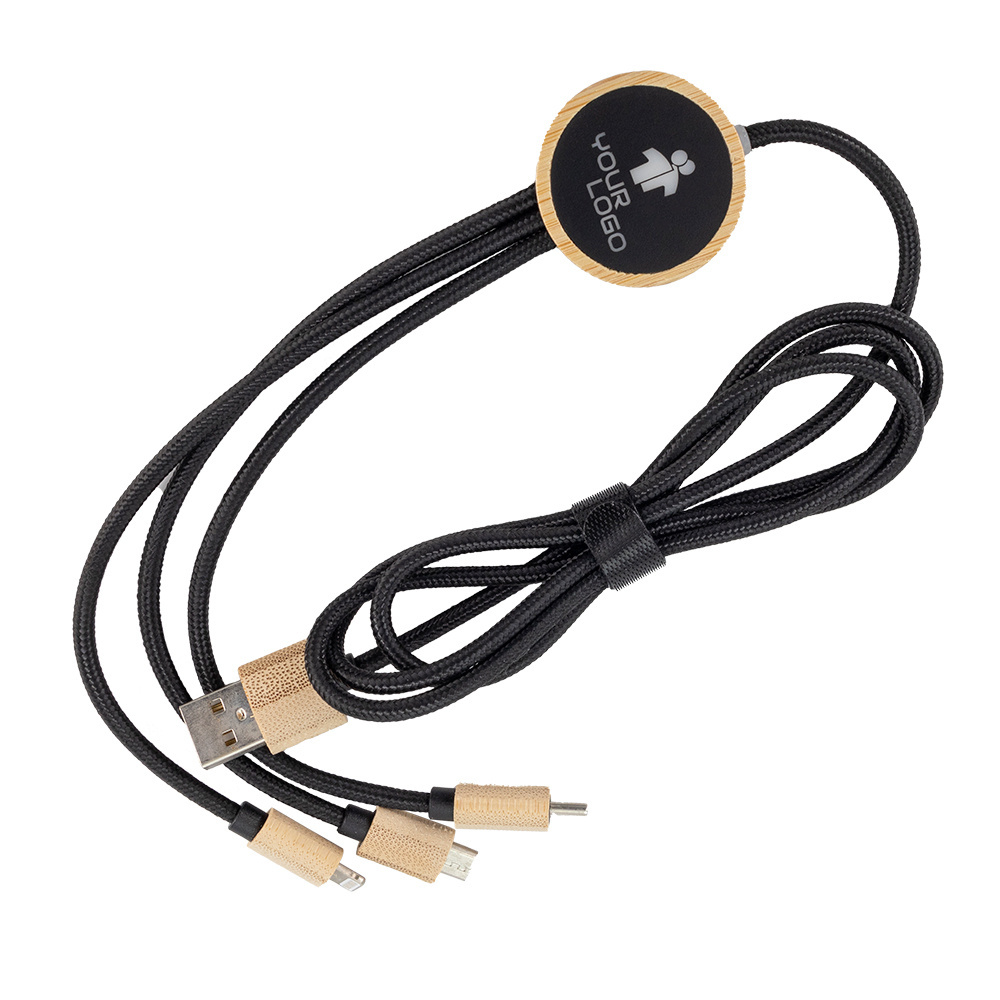 Logo trade promotional item photo of: 3-in-1 cable with elighted logo in a wooden casing, LH-ZMU06