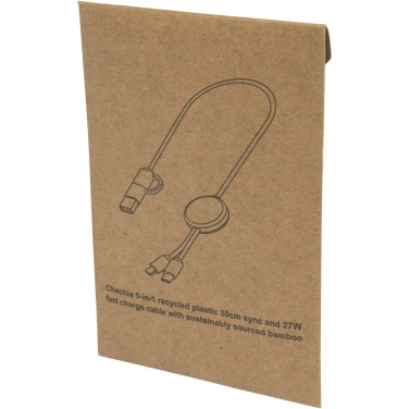 Logo trade promotional merchandise photo of: Chechia 5-in-1 recycled plastic 30 cm data sync and 27W fast charge cable with bamboo details
