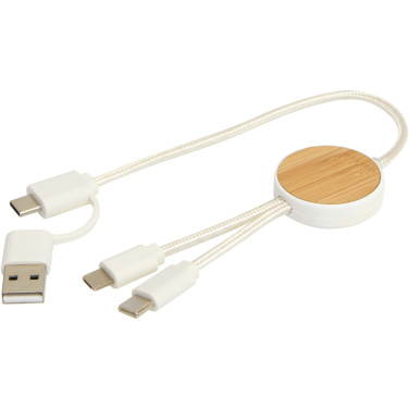 Logo trade promotional item photo of: Chechia 5-in-1 recycled plastic 30 cm data sync and 27W fast charge cable with bamboo details