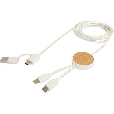 Logo trade promotional merchandise photo of: Chechia 5-in-1 recycled plastic 150 cm data sync and 27W fast charge cable with bamboo details